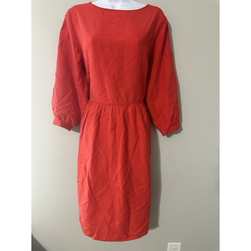 Tradlands Nova Midi Dress Flame Red Tencel‎ Linen Blend Gathered Waist Size S